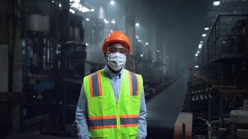 Industrial Supervisor Looking Camera at Digital Energy Production Factory. African American Man