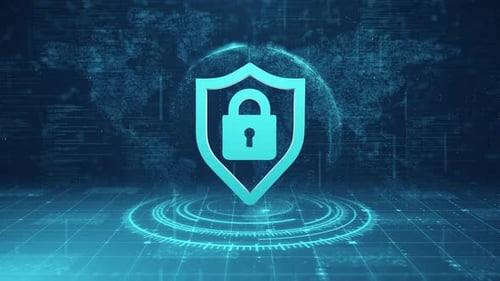 Rotating Futuristic 3D Cyber Security Icon over Digital Globe and World Map