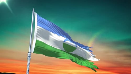 Dynamic Tattered Flag Waving in Wind at Sunset