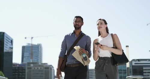 Business, phone and woman and man in city on morning commute, travel and journey to work office