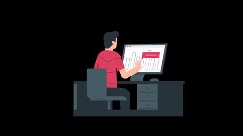 Animated Business Analyst Working on Computer with Bar Chart