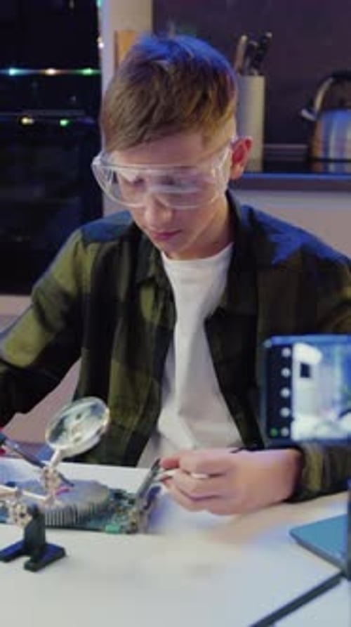 Influencer Boy Recording Video Blog Web Cam Vlogger Home Live Stream Teenage Schoolboy is Studying