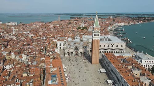 Top down aerial shot closing in on the famous saint Mark's square in italy venice