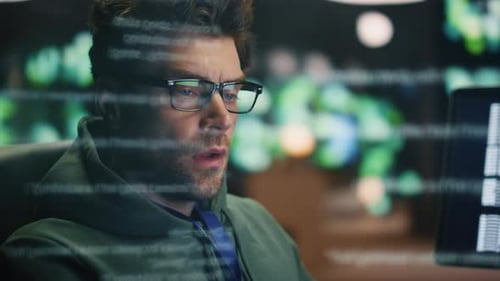 Tired Coder Working Computer in Data Hologram Closeup Man Rubbing Eyes at Night