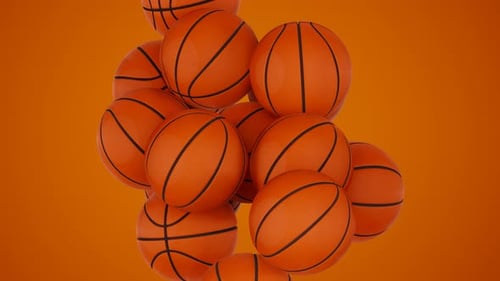 Abstrakte 3D-Animationsgrafiken mit herumfliegenden klassischen orangefarbenen Basketballbällen