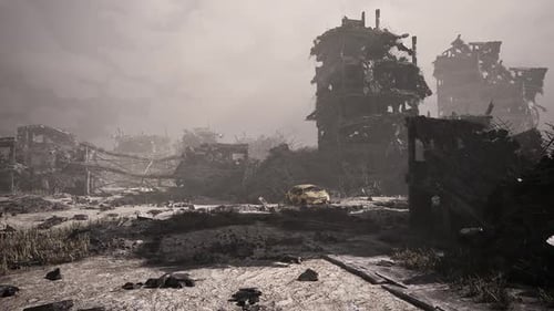 Desolate Urban Landscape with Ruined Buildings and Abandoned Vehicle at Dusk
