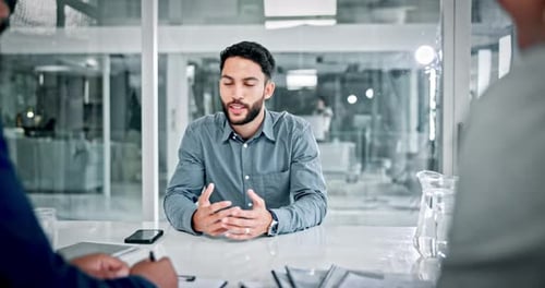 Interview, smile and man in office with conversation, discussion or meeting for onboarding