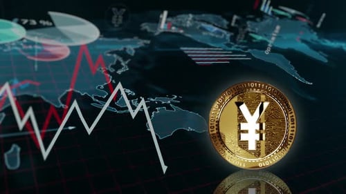 Yen Yuan cryptocurrency golden rotating coin on chart loop
