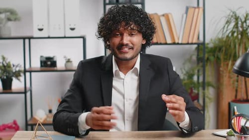 Businessman Working on Laptop at Office Talk on Online Communication Video Call with Employee Boss