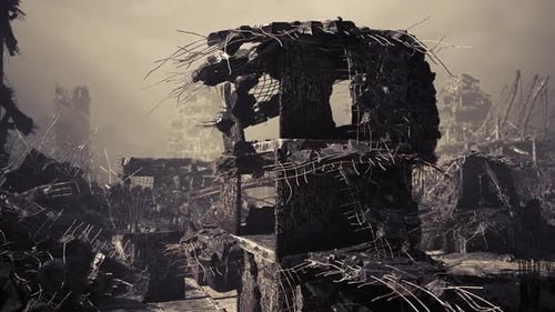 Ruins of a Destroyed City with Twisted Metal and Debris Scattered Throughout