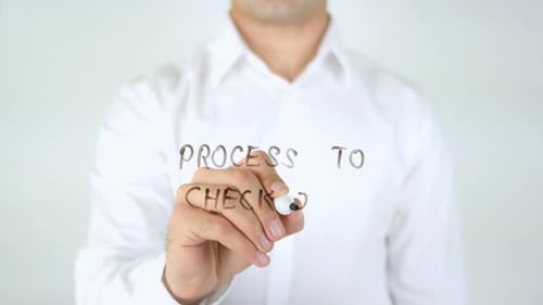 Process to Check Out, Man Writing on Glass