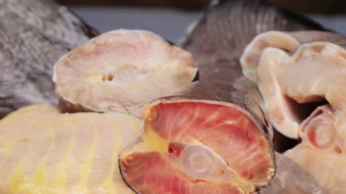 Fresh Fillet Sturgeon Fish on Desk Closeup Roast Healthy Food Concept Chef Preparing to Cook