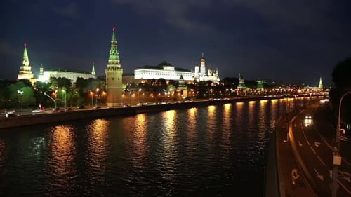 Moscow Kremlin and Ships on River at Night