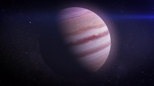 Animated Jupiter-like Planet Rotating in Starry Space with Lens Flare