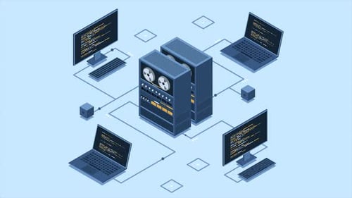 Isometrischer Server, der Computeranimationen verbindet. Netzwerkverbindung. Digitales Internet verarbeiten