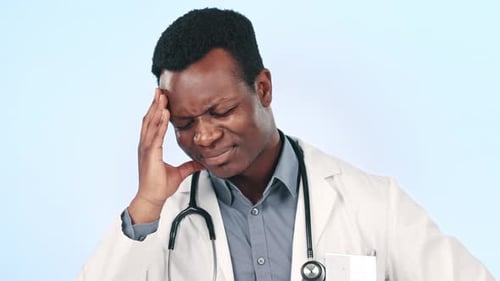 Man, doctor and headache or stress for healthcare results, hospital mistake