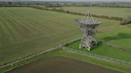 Aerial orbit over the radiotelescope antenna at the Mullard Radio Astronomy Observatory in Cambridge