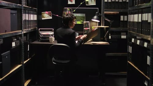 Woman Reviews Files in Small, Dark Office