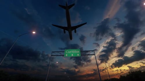 Curitiba City Road Sign - Airplane Arriving To Curitiba Airport Travelling To Brazil