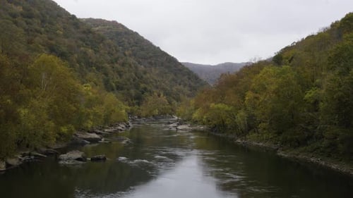 Static aerial shit above river Gorge with autumnal trees on both banks