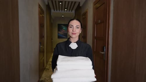 Camarera del hotel con ropa de cama blanca y toallas en las manos caminando por el pasillo