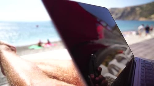 Man Laptop Sea Working Remotely on Seashore Happy Successful Man Male Freelancer Working on Laptop