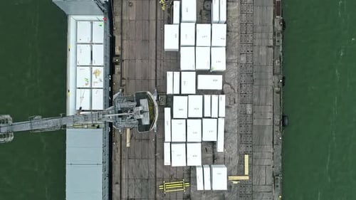 Top-down aerial view of Liepajas SEZ revealing containers, Latvia.