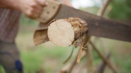 Piece of a Sawed Log Falling to the Ground