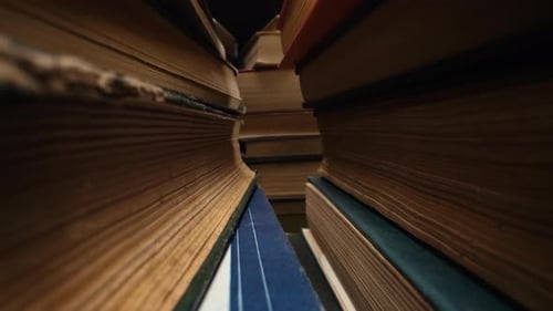 Library Towers of Old Books Slider Macro Moves on Aisle in Antique shopVintage