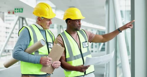 Teamwork, planning engineer and men with blueprint for construction, design and point at building