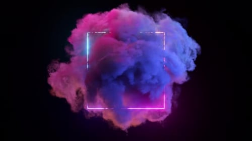 Abstract Concept Neon Rainbow Square on an Isolated Black Background A Blue Pink Cloud Flies Around