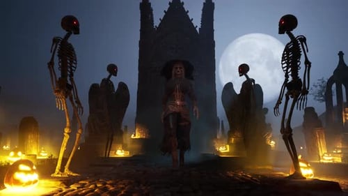 Halloween Night Spooky Skeletons Bow To Witch In Haunted Cemetery