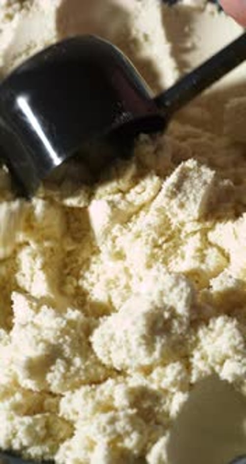 Scoop Dips into Vanilla or Banana Protein Powder in Close-Up