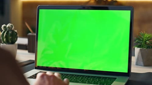 Unrecognizable Person Using Mockup Laptop Working Remotely at Home Close Up. Manager