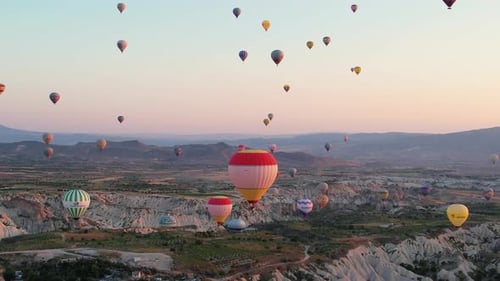 Shine Balloons In The Air. Morning Sun Rise In Cappadocia
