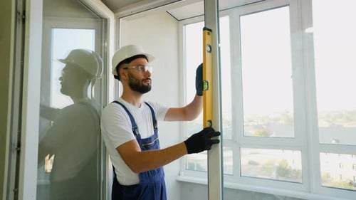 Werker verwendet Wasserwaage, um eine präzise Ausrichtung der Fenstermontage zu gewährleisten