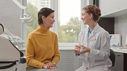 Woman Dentist Explains Dental Model to Patient