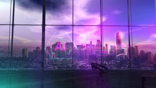 Projeção de Infográficos sobre Inteligência Artificial em uma renderização 3D do Office