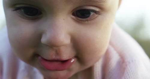 adorable girl a year free and happy crawling on a lawn in the open country looking into camera in