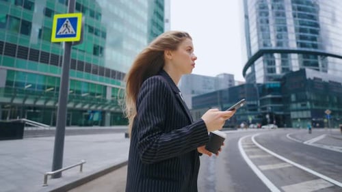 Successful Business Lady in City Walk in Business District of Megapolis Pedestrian Crosswalk