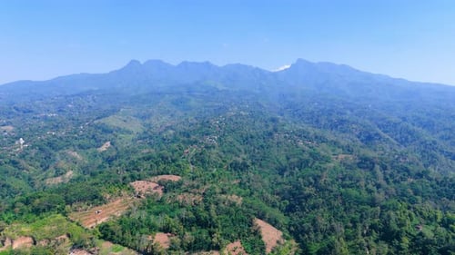Aerial view from top of green forest mountain with house village