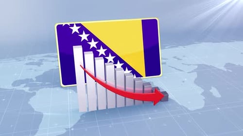 Bosnia And Herzegovina Flag With Decrease Bar Chart Graph And Arrow Red