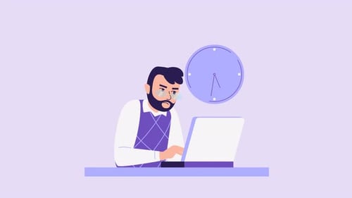 Man works at laptop and looks at clock animation. Deadline pressure, stressful job concept