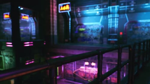 Unique Neon Lit Urban Arcade with Vibrant Graffiti and Modern Design