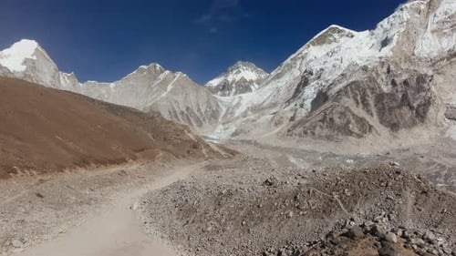 Aerial View of a Glacial Valley in the Himalayas Capturing SnowCapped Mountains and Rocky Terrain
