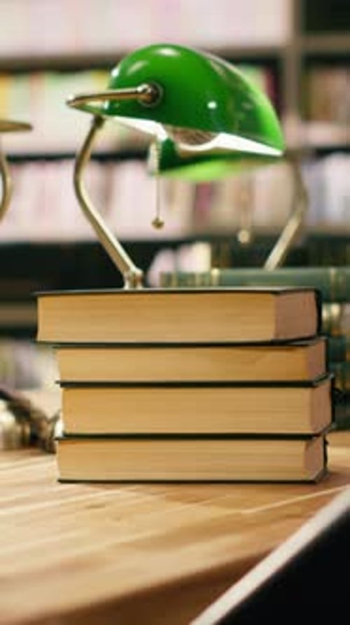 Vertical Video Tall Stack of Books on Library Table with Green Lamps Against Bookshelves