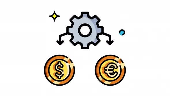 Animated Made in uk gear connected to dollar and euro coins symbolizing ...