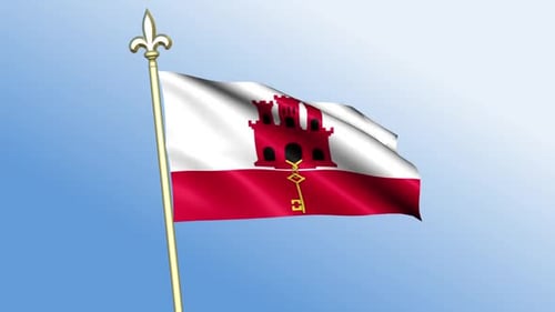 Animated Waving Gibraltar Flag on Golden Pole with Blue Sky