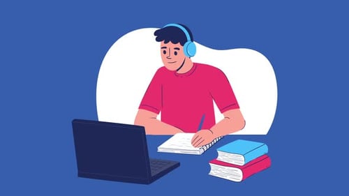 Student Learning Online with Laptop and Books Animation