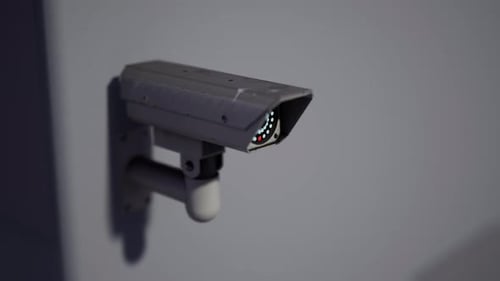 Outdoor CCTV Security Camera Mounted on Building Wall with Blurred City